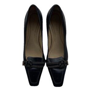 Vintage Ann Taylor Womens Black Kitten Heels w/Square Toes Buckle Stiched Sz 7